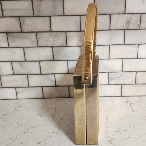 Vintage TYROLEAN NY Rigid Case Box Purse Gold Lame Rhinestone Cameo Roses - Picture 3 of 13